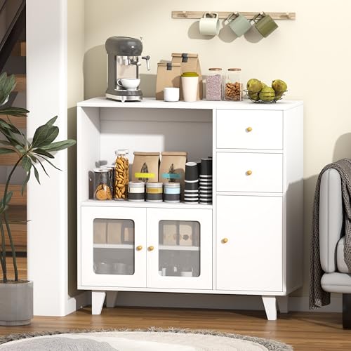 La Mejor Lista de Armarios y aparadores - los preferidos. 46 RWDKDTX Mueble para Cocina Alacena, Alacenas Pequeña con 3 Puertas, 2 Cajones y Estantes, Credenza Bufetera Madera Moderno, Gabinete de Aparador Buffet para Despensa, Comedor,...