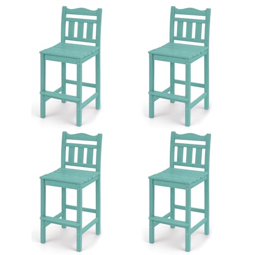 Image of Outdoor Bar Stools Set of 4, HDPE Adirondack Bar Chairs with Backs, All-Weather High Top Patio Chairs, Heavy Duty Armless Bar Height Chair for Balcony, Garden, Deck (Aruba Blue, 4pcs Set)