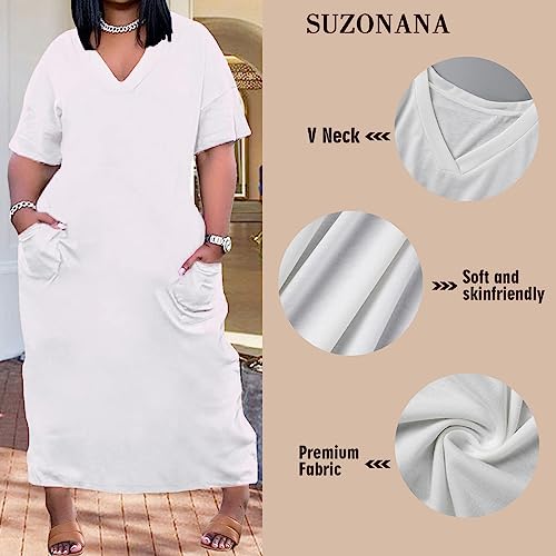 Women Casual T-Shirt Dress V Neck Short Sleeve with Front Two Pockets Solid Color Oversize Dress3