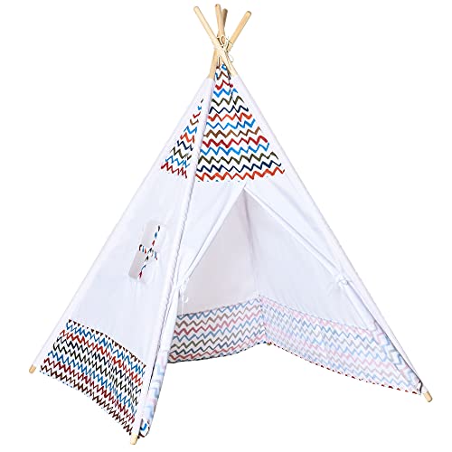 HOMCOM Tienda de Campaña para Niños de +3 Años Tipi Infantil de Madera Portátil con Ventana para Interiores y Exteriores 120x120x155 cm Blanco
