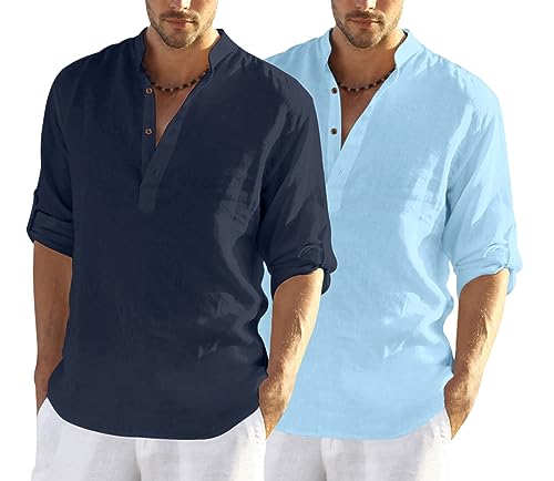 Image of FINIVO FASHION Men's Cotton Blend Solid Full Sleeve Combo Short Kurta Shirt, Regular Fit Solid Pattern Mandarin Collar Straight Kurta Shirt