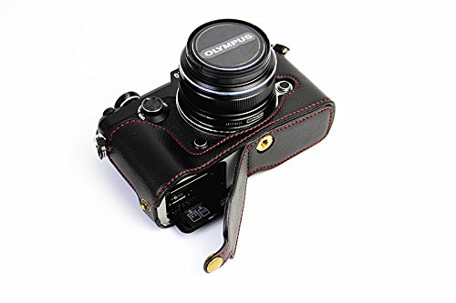 Bodenöffnung Version Schutz Original Echtes Leder Halb Kamera-Kasten-Beutel-Abdeckung mit Stativ-Design für Olympus Pen-F-Kamera mit Original Echtes Leder Handschlaufe Schwarz