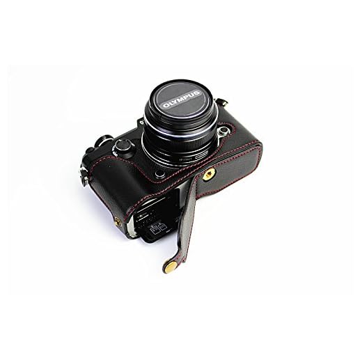 Nedre öppningsversion skyddande äkta läder halv kamerafodral väska skydd med stativdesign för Olympus PEN-F kamera med äkta läder handrem, Svart