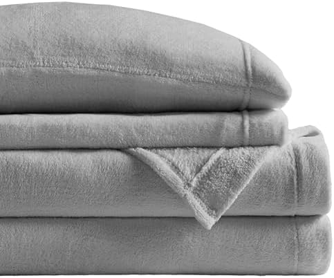 True North by Sleep Philosophy Plush Sheet Set Full, Solid Color, Warm & Soft Bedding Full Size Sheets, Fitted Pocket Fits Up to 16" Mattress, Soloft, Full, Grey, 4 Piece