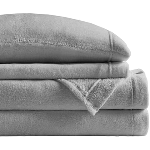 Sleep Philosophy True North Soloft Plush Bed Sheet Set, Wrinkle Resistant, Warm, Soft Fleece Sheets with 14" Deep Pocket Cold Season Cozy Bedding-Set, Matching Pillow Case, Queen, Grey, 4 Piece Cover