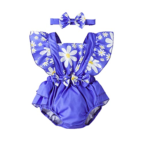 Dancers Leotard Fly Infant Headbands Romper Outfits Backless 3M-18M Bowknot Sleeve Floral Bodysuitt (Purple, 6-9 Months)