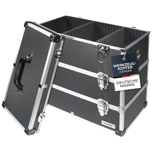 HMF 14661-02 Alu Werkzeugkoffer leer, 3 Etagen, 44 x 45 x 24 cm, schwarz