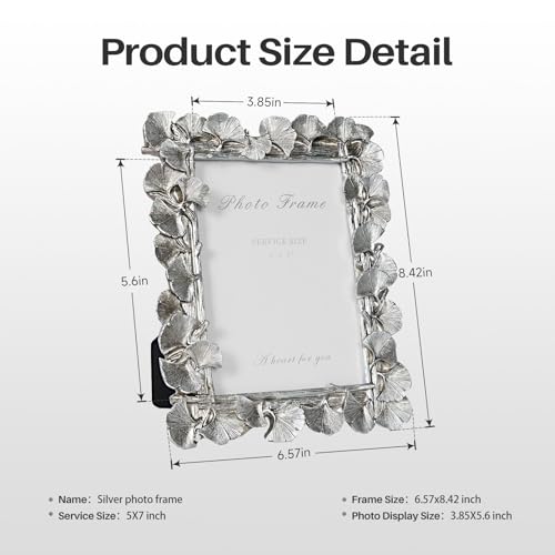 Silver 5x7 Picture Frame, Vintage Silver Ornate Leaf Textured Hand-Crafted Resin Frames with Glass Front, Antique Photo Frame for Tabletop Display, Retro Design Home Decor