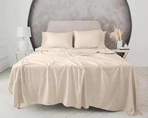 Image of Bed Sheet Queen Size Cotton - Pure Egyptian Cotton Queen Size BedSheet with Pillow Cover - Solid Ivory 600 Thread Count - Stain Resistant, Skin Friendly, Organic Cotton BedSheet