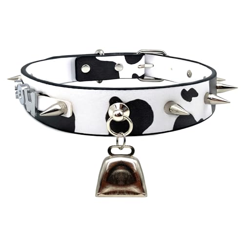 Classic Cow Print Bell Choker Collar Necklace for Women| Punk Gothic Letter Leather Spiked Rock Collar Jewelry Cow Cosplay Choker2
