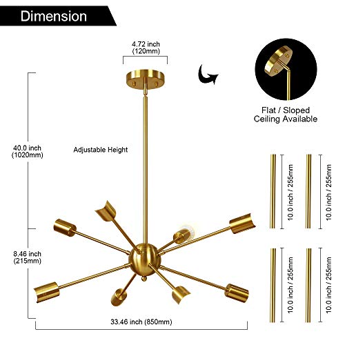 Vinluz Sputnik Chandelier 8 Light Brushed Brass Pendant Lighting Gold Mid Century Modern Starburst-Style Ceiling Lighting Fixture For Dining Room Kitchen Bedroom Foyer #TOP3