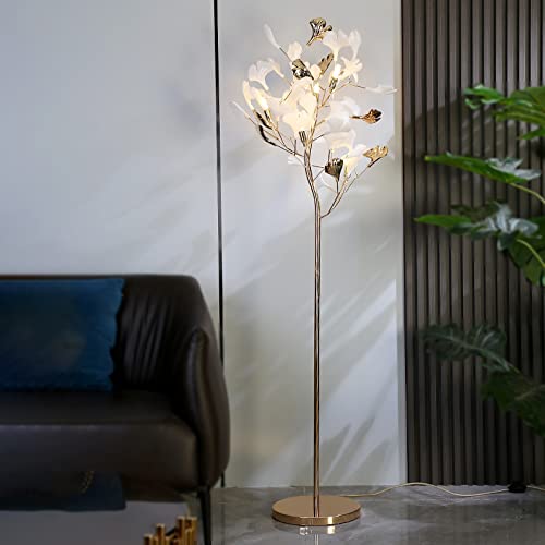 Modern Gold Ginkgo Tree Floor Lamp with Leaf Shape Metal Body and Marble Base Ideal for Living Room Bedroom and Reading Area.