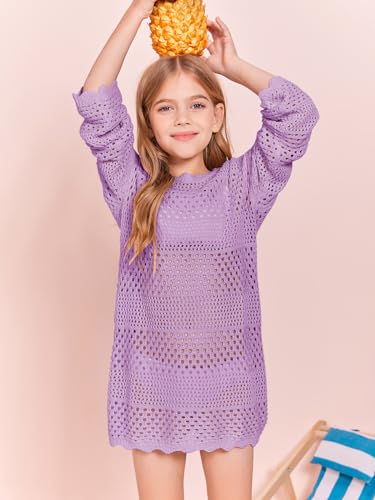 Image of Batermoon Girls Crochet Long Sleeve Swimsuit Cover Up Kids Fashion Hollow Out Swimwear Beach Dress 5-14 Years