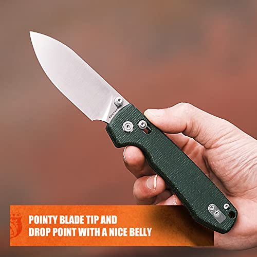 Image of Vosteed Raccoon EDC Folding Pocket Knife - 3.25 inch 14C28N Satin Blade, Crossbar Lock - Green Micarta Handle for Hiking, Hunting - A0503