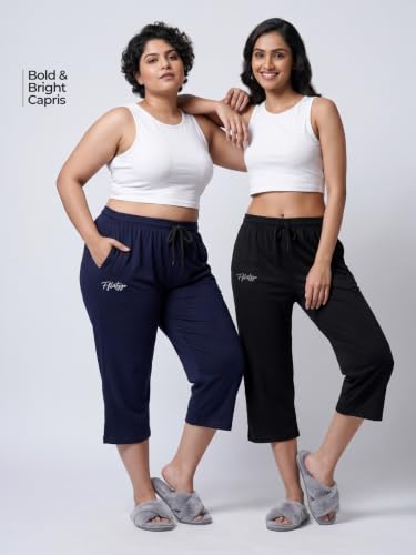Image of Fflirtygo Women's Cotton Plain Calf Length Capri | Nightwear Short Pyjama | 3 /4th Solid Pyjama Pant | Regular Fit Casual & Lounge Wear Capri Combo (Pack of 2)