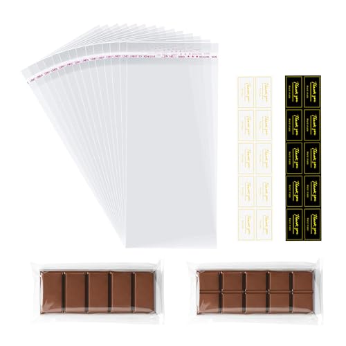 Fimary 100 Pcs Knafeh Pistachio Chocolate Wrappers with 100 Pcs Thank You Stickers - 2.5 x 7.1 Inch Candy Packaging - Self Adhesive Small Plastic Wax Melt Snap Bar Bags
