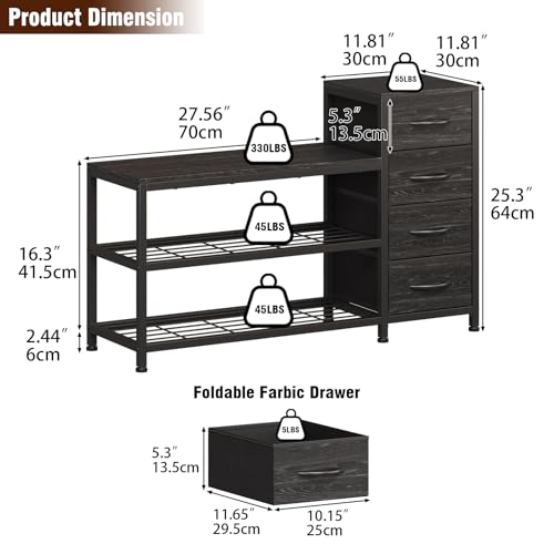 Image of EXOTICA Industrial Shoe Storage Bench with 4 Drawers & Seat, Black