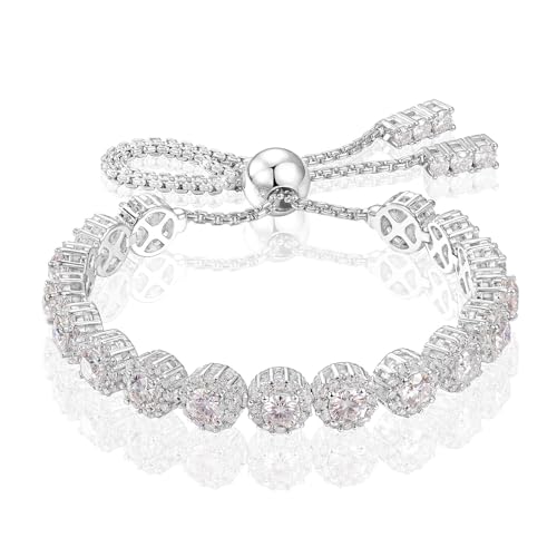 Moissanite Halo Bracelet 4.9CT-8.0CT Lab Grown Moissanite Bracelet for Women 18K White Gold Plated S925 Sterling Silver Adjustable Tennis Bracelet 5MM/7.5MM Iced Out Bracelets Cluster Jewelry