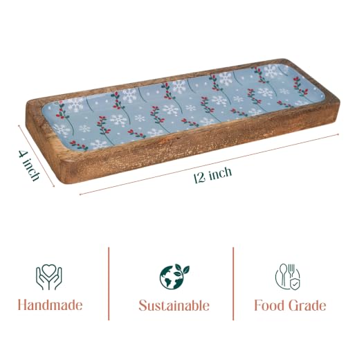 Image of Bluetiful Bites Serving Platter | Blue Enamel Finish Mango Wood Platter | Multipurpose Platter for Snacks, Fruits & Desserts, Premium Table Decor for Dining & Kitchen