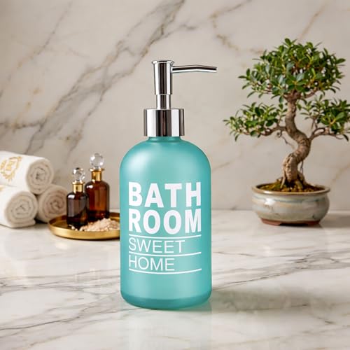 Image of Luxe Home International Bathroom Sweet Home Print Glass Soap Dispenser for Bathroom and Kitchen Sink Leak Proof Liquid Hand Wash Round Bottle Lightweight Smooth Finish (19.5x7.5 cm Aqua) Pack of 1