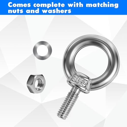 Image of 6 Pack M6 Heavy Duty Eye Bolt with Lock Nuts & Lock Washers Eye Bolts with Nuts Screw Eyebolt 0.39 inch(10mm) Stainless Steel Flat Washers Male Screw Thread Ring Shoulder Eye Bolts