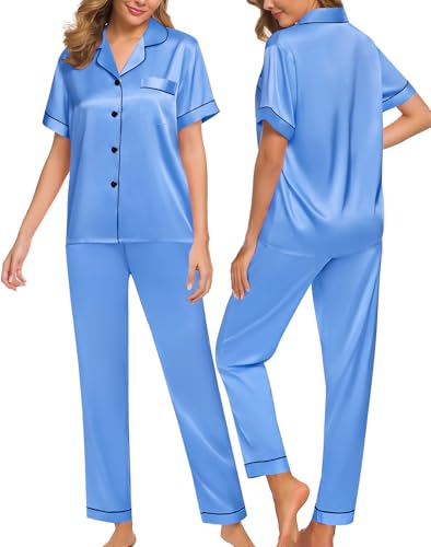Image of SWOMOG Women Satin Pajamas Set Short Sleeve Top & Pants Sleepwear Silky Button Down Nightwear 2pcs Loungewear Pjs Set Marina Blue XX-Large
