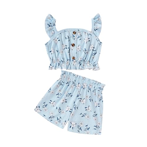 Image of Kids Toddler Girls Summer Clothes Button Design Striped Tank Top + Floral-Print Elastic Shorts 2 Piece Outfits