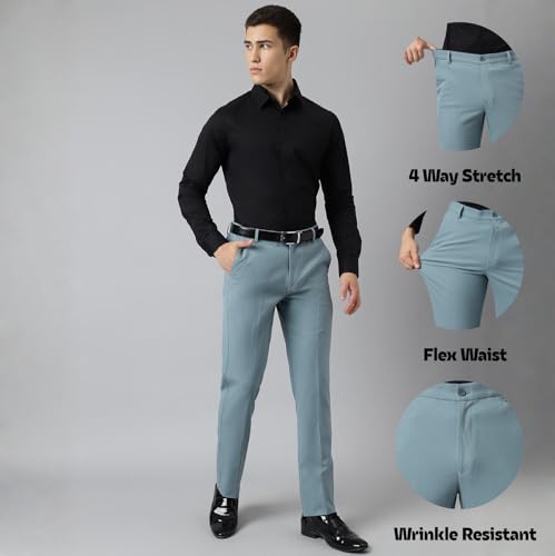 Image of SUBTRACT Men 4 Way Stretch Wrinkle Free Slim Fit Formal Trouser in with 2 Inch Flexible Waistband | Men's Trousers for Office Or Party