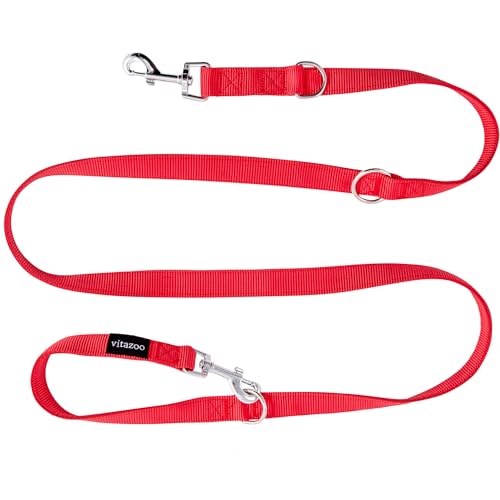 vitazoo Guinzaglio per cani in rosso, fisso e regolabile in 3 lunghezze, adatto per cani grandi e forti - guinzaglio doppio - lunghezza totale 2 m