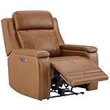 Watson & Whitely Oversized Lay Flat Recliner for Big and Tall, Genuine Leather Electric Recliner Chairs for Adults with Power Headrest & Chargers for Living Room, Saddle Brown