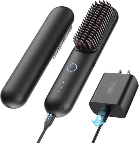 TYMO Cordless Hair Straightener Brush - Porta PRO Portable Straightening Brush for Travel, Mini Ionic Hot Comb Straightener for Women, Lightweight on-The-go, Cordless & Fast Charger Dual Power, Black