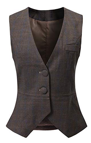 Vocni Women V-Neck Business Slim Fit Skinny Button Down Suit Dressy Vests Waistcoat, Lattice Coffee,US 2XL