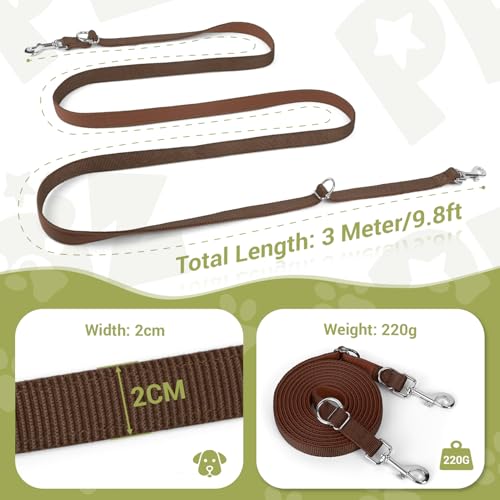 Hundeleine für Kleine & Mittelgroße Hunde bis 30 kg, 3 m Verstellbare Schleppleine Doppelleine, Verdickte Freihandleine Übungsleine Führleine aus Nylon mit 2 Karabiner,Braun