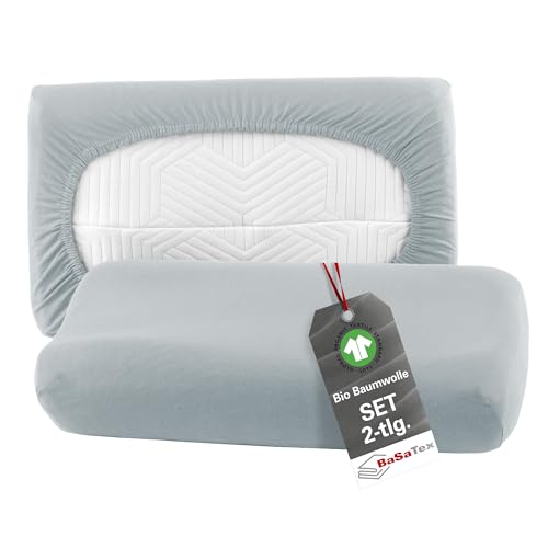 BaSaTex Bio Kissenbezüge Spannbezüge 2er Pack für Nackenkissen und Gesundheitskissen | 97% GOTS-Zertifizierte Baumwolle + 3% Elasthan | 30x50 cm - Farbe: Silber Grau