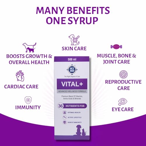 PET360 Vital+ Advanced Wellness Formula for Dogs & Cats | Multivitamin Syrup for Healthy Skin, Joints & Boosted Immunity | Nutritional Supplement with Vitamins & Minerals for Enhanced Growth - 500 ml