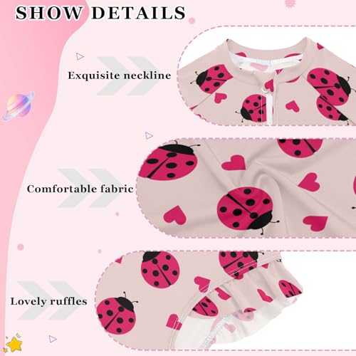 Girls Swimsuits Long Sleeve Bathing Suits Ladybug Hearts UPF 50+ Sun Protection Swimwear 3-12 Years3