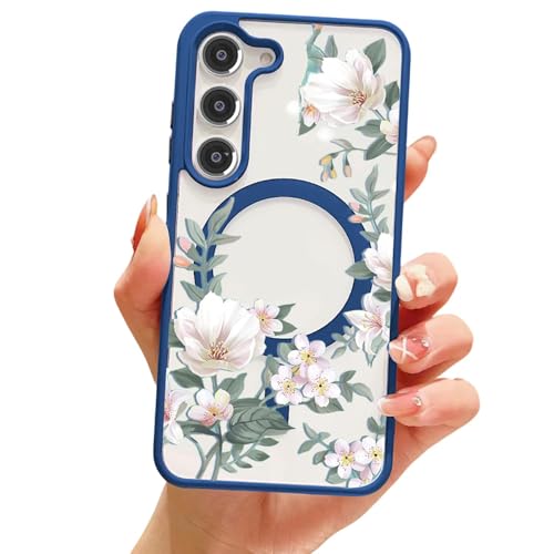 Image of VONZEE Compatible with Samsung Galaxy A16 5G Case Luxury Retro Flowers Floral Clear for Magnetic Wireless Charging Case Shockproof PC+TPU Cute Glossy Shiny Cover for Girls Women, Blue
