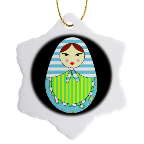 3 inch Snowflake Porcelain Ornament - Cute Russian Matryoshka Nesting Doll Brown Hair - Cool Colors Black Designs Dolls