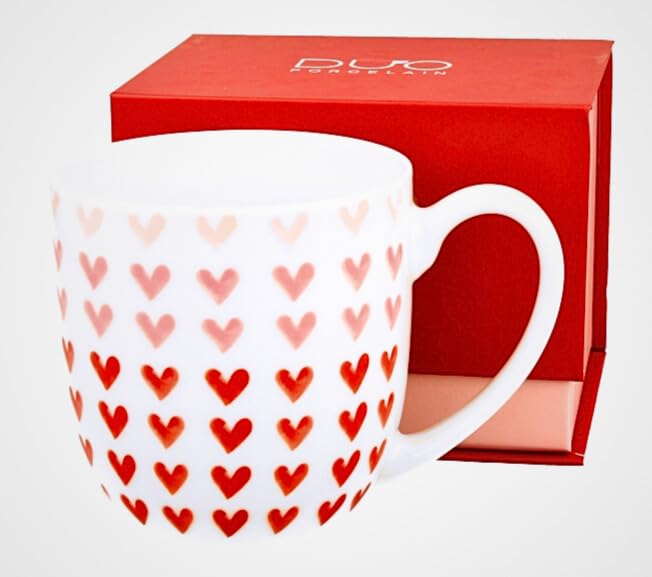 DUO Porcelain - Taza de Porcelana New Bone China con Corazones – 380 ml – Apta para Microondas y Lavavajillas – Con Caja de Regalo