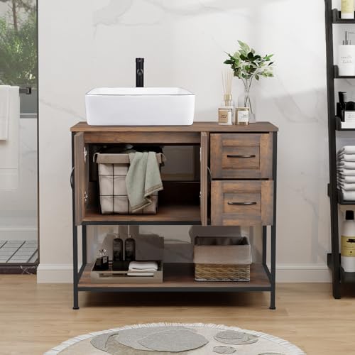 YOURLITE Bathroom Vanity, 36\" Bathroom Vanity with Sink Combo Set, Dark Brown Modern Wood Bathroom Cabinet with White Ceramic Bathroom Sink - Thumbnail 2