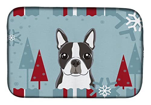 Caroline's Treasures BB1699DDM Winter Holiday Boston Terrier Dish Drying Mat Absorbent Dish Drying Mat Pad for Kitchen Counter Dish Drainer Mat for Countertop, 14 x 21", Multicolor