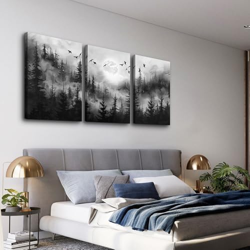 DZRWUBHS Black And White Wall Paintings Wall Art For Living Room Canvas Wall Decor For Bedroom Modern Office Decorations Misty Forest Landscape Abstract Wall Pictures Wall Hanging Room Home Decor