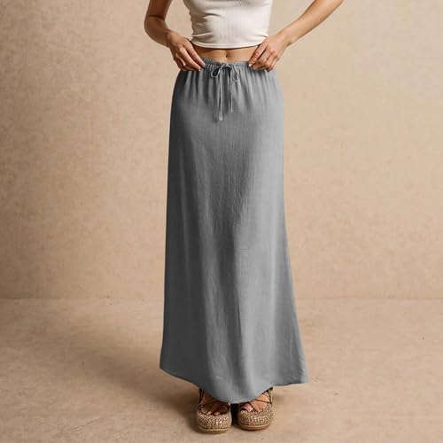 Kvor Linen Maxi Skirt for Women Beach Vacation Drawstring Elastic Waist Flowy Summer Skirt Lightweight Boho Long Skirt3