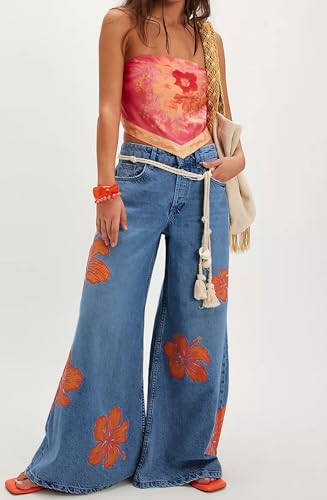 loveimgs Women Vintage Floral Printed Wide Leg Jeans Denim Palazzo Pants Baggy Y2k Patchwork Flower Flare Jeans Sweatpants3