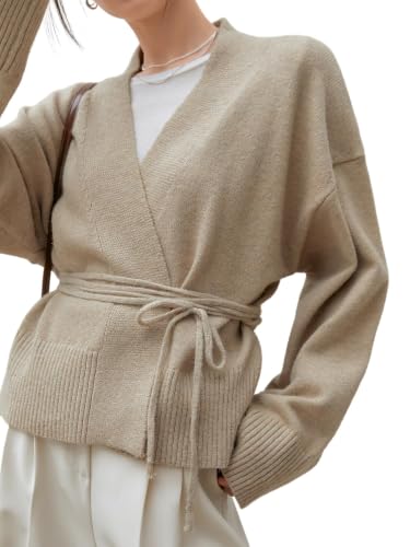 Image of WDIRARA Women's Wrap Long Sleeve Tie Front Cardigan | V Neck, Belted Sweater, Casual, Long Sleeve, Tie Waist, Knit Top