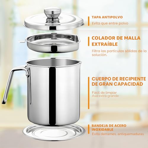 Miniatura 4 de Chihee Aceite Colador Lata De Grasa 2l Colador De Alimentos Acero Inoxidable Contenedor De Aceite Con Colador De Malla Fina Tapa Antipolvo Bandeja Para Almacenar Aceite Para Freír Grasa Para Cocinar