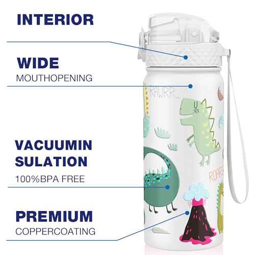 GOPPUS 550ml/18oz Kids Insulated Water Bottle with Straw Cute Double Wall Stainless Steel Child's Small Flask Vacuum Insulated Steel Metal Leak Proof Drink Flask Boys Toddler Girls Flask BPA-Free - Image 4