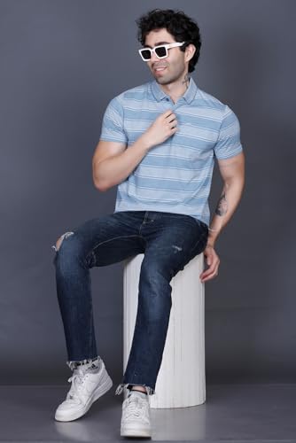 Image of GODFREY Striped Tshirt Shirts Men Cotton Polo T Shirt for Man with Pocket - Regular Fit Half Sleeve Collar T Shirts for Men