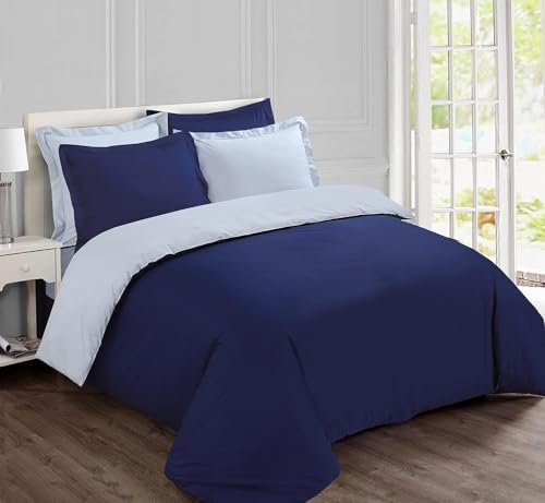 Vision Parure de Lit Réversible 100% Coton Lit Double - Bleu-Marine Gris | 1 Housse de Couette (240x220 cm) + 2 Taies d'oreiller (65x65 cm) | 57 Fils/cm² | Doux et...