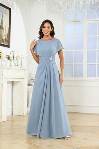 Mother of Bride Dresses for Women 2025 Scoop Neck Beaded Pleated Chiffon Classy Wedding Guest Gown with Sleeves2